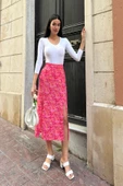 Doğal Viskon Çift Yırtmaç Desenli Fuşya Etek thumbnail 1