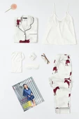6'lı Zebra Desen Ekru Saten Pijama Takımı - 1