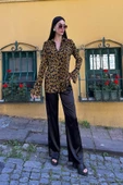 3'lü Saten Leopar Desenli Bustiyer Pantolon Siyah Takım - 2