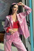 5'li Bustiyerli Biyeli Pembe Saten Pijama Takımı - 1