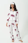 6'lı Zebra Desen Ekru Saten Pijama Takımı - 4