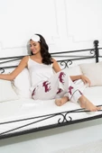 6'lı Zebra Desen Ekru Saten Pijama Takımı - 5