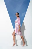 V Yaka Yılan Desen Kemerli Pembe Sabahlık Elbise - 4