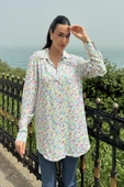Çiçek Desen Pembe Mavi Viskon Gömlek - 3