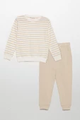Çizgili Sweatshirt Jogger Taş Alt Üst Takım - 1