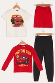 4'lü McQueen Baskılı Tshirt Şort Pantolon Kırmızı Takım - 1