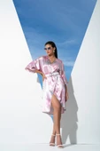 V Yaka Yılan Desen Kemerli Pembe Sabahlık Elbise - 2