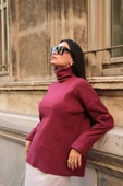 Kol Detaylı Balıkcı Yaka Boğazlı Bordo Bluz - 2