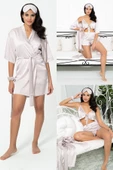 6'lı Sabahlıklı Taş Saten Pijama Şort Takımı - 1