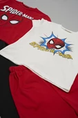 4'lü SPİDER-MAN Baskılı Tshirt Şort Pantolon Kırmızı Takım - 3