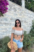Omuzdan Baglamalı Crop Bluz - 2