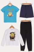 4'lü Sünger Bob Baskı Lacivert Tshirt Şort Pantolon Takım - 1