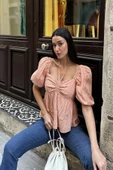 Doğal Viskon Boyun Baglamalı Turuncu Bluz - 4