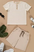 Çizgili Garnili Düğmeli Taş Tshirt Şort Takım thumbnail 1