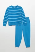 Çizgili Sweatshirt Jogger Mavi Alt Üst Takım - 1