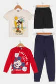 4'lü Mickey Mouse Baskılı Bej Tshirt Şort Pantolon Takım - 1