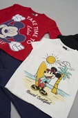 4'lü Mickey Mouse Baskılı Bej Tshirt Şort Pantolon Takım - 4