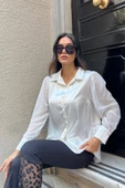 Kolu Şifon Detaylı Beyaz Saten Gömlek - 4