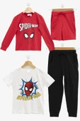 4'lü SPİDER-MAN Baskılı Tshirt Şort Pantolon Kırmızı Takım - 1