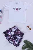 Kalp Kanat Desen Mor Beyaz T-shirt Şort Takım - 1