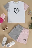 Kalp Baskılı Gri Tshirt Şort Takım - 1