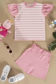 Çizgili Volanlı Kol Tshirt Şort Pembe Takım thumbnail 1