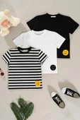 3'lü Emoji Detaylı Siyah Beyaz Çizgili Erkek Çocuk Tshirt - 1