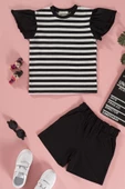 Çizgili Volanlı Kol Tshirt Şort Siyah Takım thumbnail 1