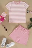 Çizgili Tshirt Şort Pembe Takım thumbnail 1