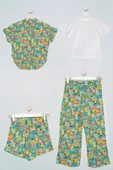 4'lü Desenli Gömlek Tshirt Pantolon Şort Yeşil Takım - 2