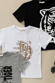 3'lü Kaplan Baskılı Siyah Beyaz Gri Tshirt - 2