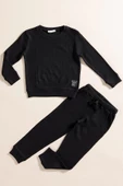 2'li Pamuk Waffle Sweat Jogger Siyah Alt Üst Takım - 1