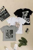 3'lü Kaplan Baskılı Siyah Beyaz Gri Tshirt - 1