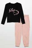 Sleep Kalp Baskılı Doğal Viskon Siyah Pijama Takımı thumbnail 1