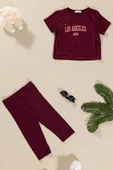 3'lü Los Angeles Baskılı Tshirt Atlet Tayt Bordo Takım thumbnail 2