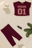 3'lü Queen Baskılı Tshirt Atlet Tayt Bordo Takım thumbnail 2