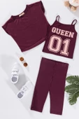 3'lü Queen Baskılı Tshirt Atlet Tayt Bordo Takım thumbnail 1