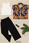 3'lü Baskılı Gömlek Tshirt Pantolon Siyah Takım thumbnail 1