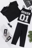3'lü Queen Baskılı Siyah Tshirt Atlet Tayt Siyah Takım - 1