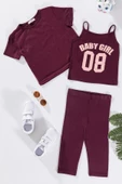 3'lü Baby Girl Baskılı Tshirt Atlet Tayt Bordo Takım thumbnail 1