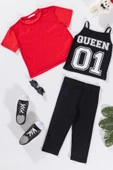 3'lü Queen Baskılı Tshirt Atlet Tayt Siyah Takım thumbnail 1
