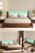 WOODMAN FURNITE & WOOD IRON TROPIC CEVİZ BOYALI TEK VE ÇİFT KİŞİLİK AMERİKAN ÇAMI MASİF AHŞAP KARYOLA TURKUAZ PUF BAŞLIK - 1