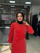 Aden Simli  Abiye Elbise Nar Çiçeği - 1