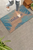 Valerine Life Mavi Palmiye Yapraklı Welcome Hoş Geldiniz Kapı Önü Paspası 45x70cm thumbnail 1