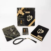 Kuran + Seccade +  Tesbih + Zikirmatik + Koku Hediye Seti (Çanta Boy, Kadife, Siyah) - 3