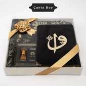 Kuran + Seccade +  Tesbih + Zikirmatik + Koku Hediye Seti (Çanta Boy, Kadife, Siyah) - 1