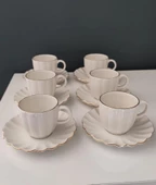 KÜTAHYA PORSELEN BONE LUZ FORM 12 PARÇA KAHVE FİNCAN TAKIMI ALTIN FİLE - 1