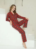 Kareli Önden Düğmeli Uzun Kollu Bayan Pijama Takımı - 1