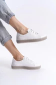 Kadın Hakiki Deri Hasır Görünümlü Rahat Taban Bağcıklı Günlük Spor Ayakkabı Sneaker - 5