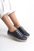 Kadın Hakiki Deri Hasır Görünümlü Rahat Taban Bağcıklı Günlük Spor Ayakkabı Sneaker - 9